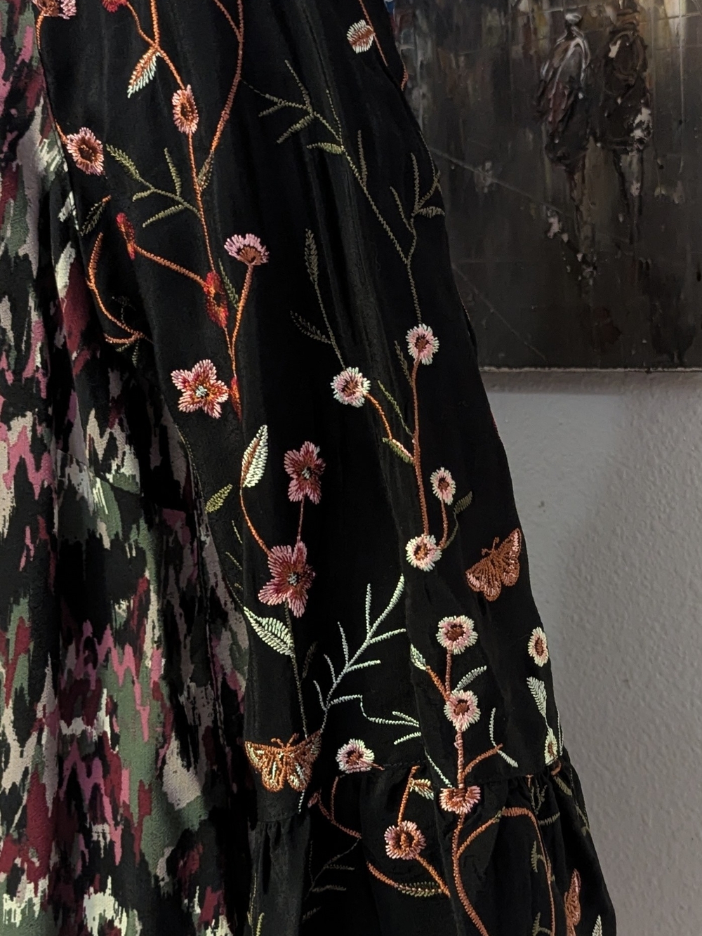Bohemian Black Multi-Color Floral Embroidery V-Neck Women’s Top - Picture 6 of 10